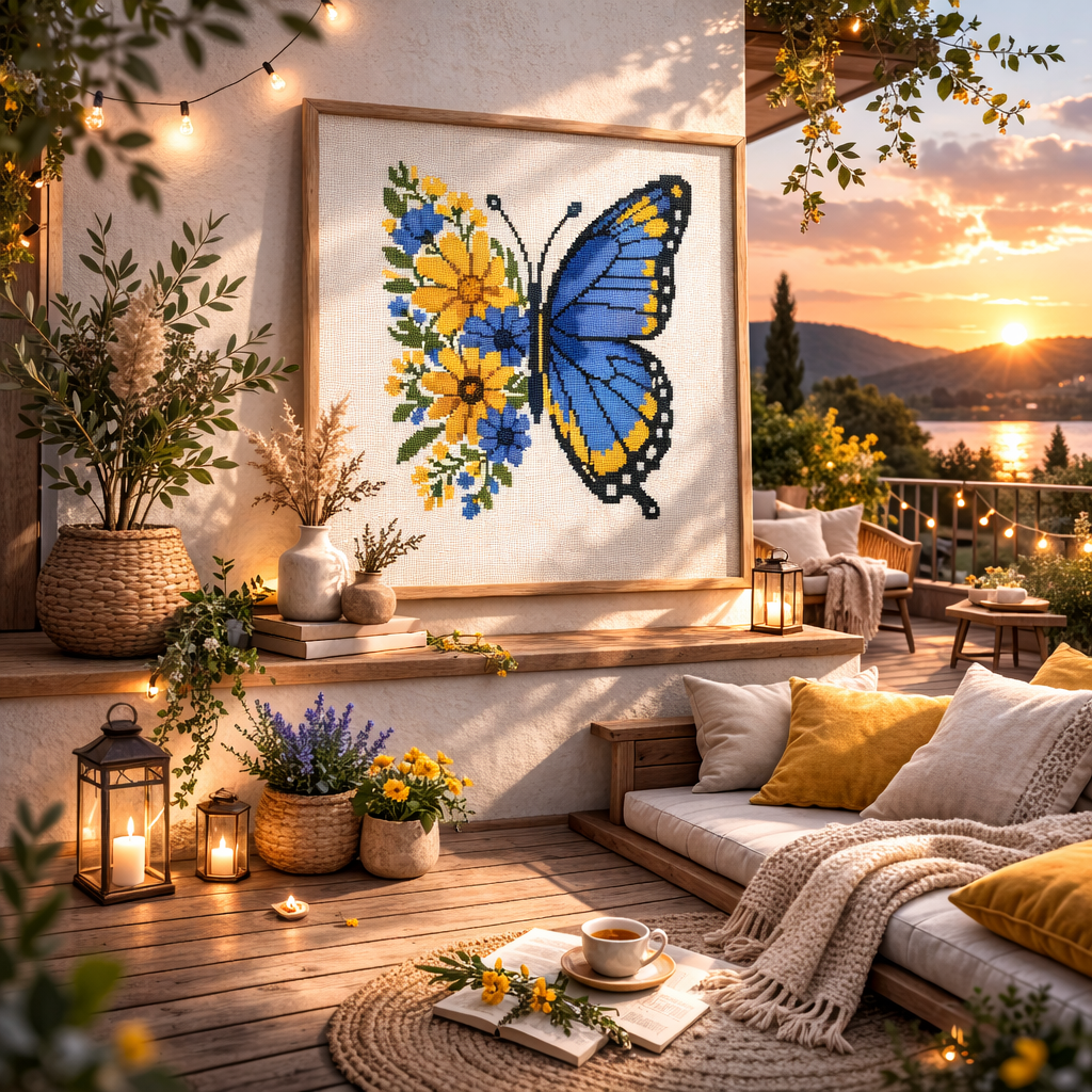 Blue Yellow Butterfly Cross Stitch Pattern, Floral Butterfly Embroidery Design, Ukrainian Inspired Modern Needlepoint, PDF Pattern, Scandinavian Style