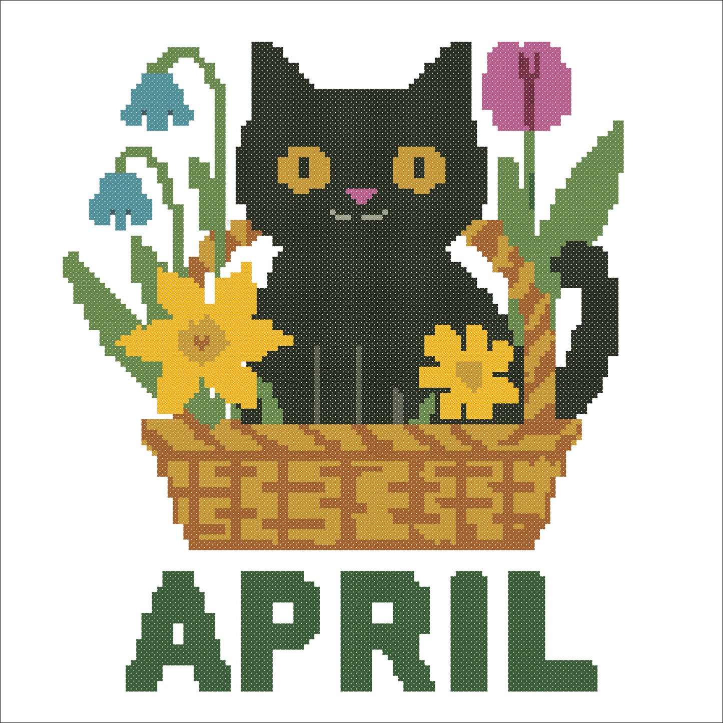 April Black Cat Cross Stitch Pattern – Spring Floral Basket Design (PDF)