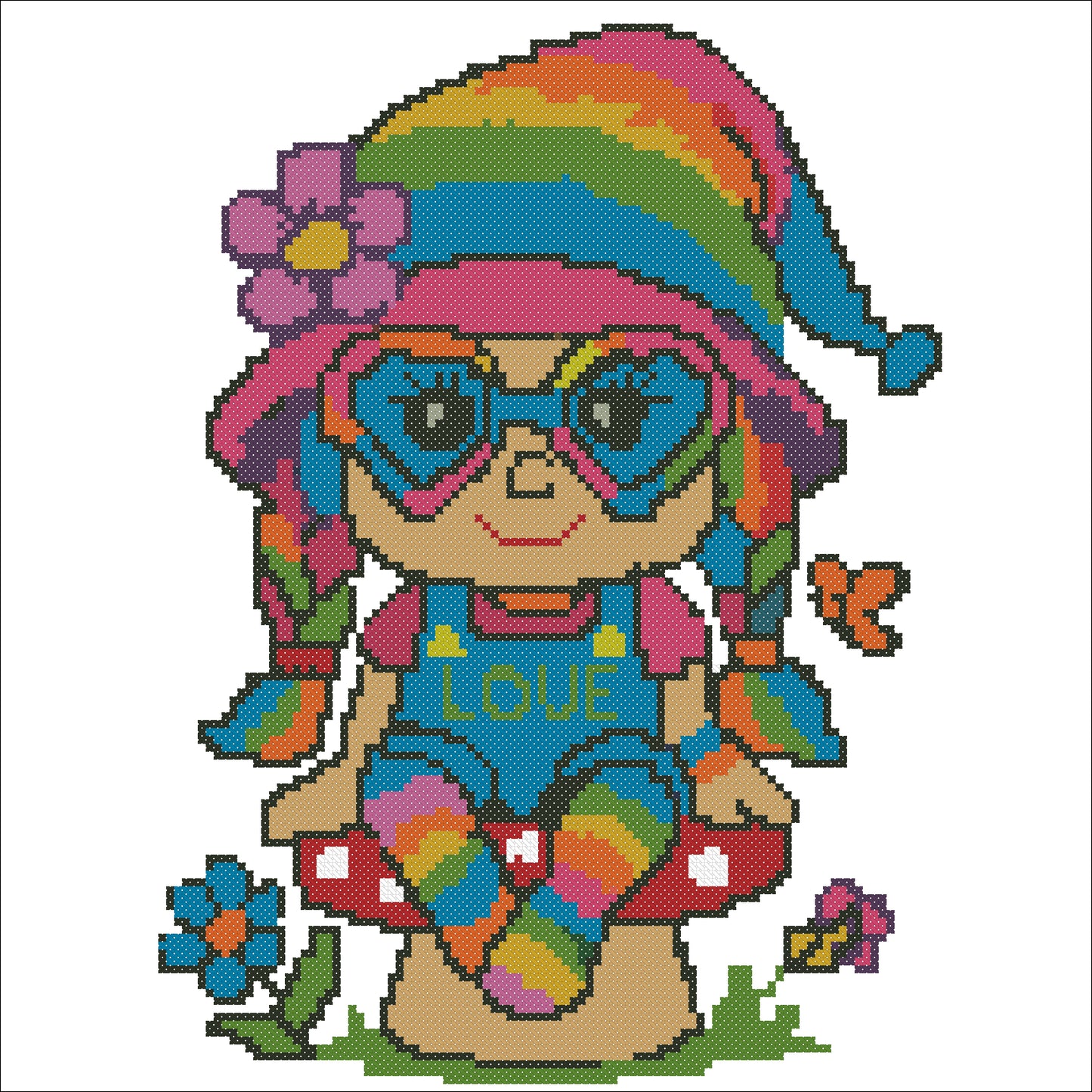 Rainbow Hippie Gnome Cross Stitch Pattern | PDF Embroidery Design | Cute Peace & Love Gnome on Mushroom