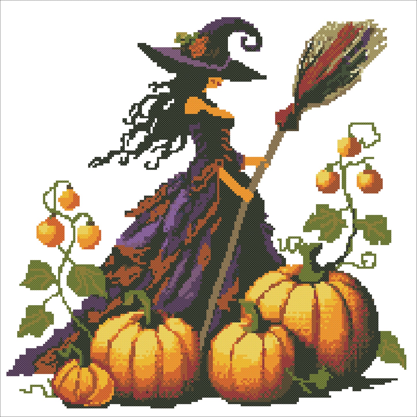 High-Quality Witch Cross Stitch Pattern – Detailed Halloween Witch with Pumpkins