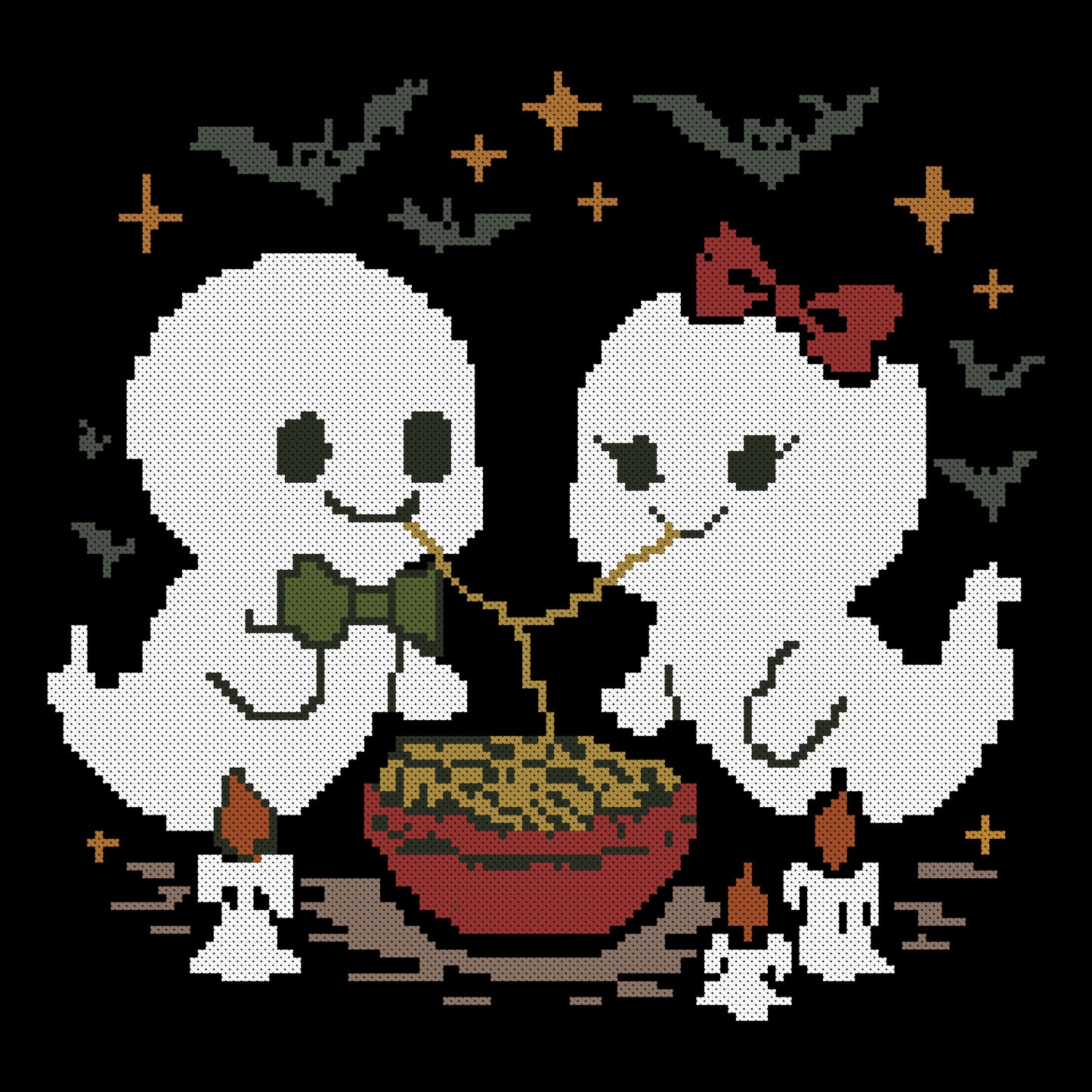 Cute Halloween Ghost Couple Cross Stitch Pattern – Baby Ghosts Eating Noodles, Spooky Love Embroidery PDF