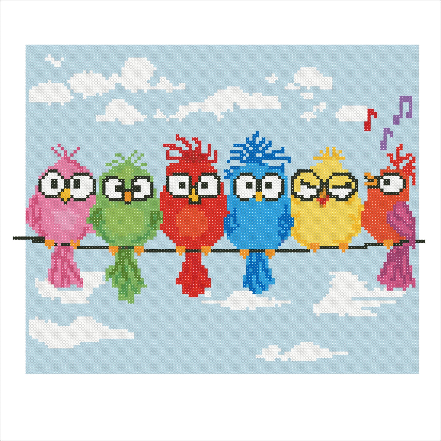 Quirky Birds on Wire Cross Stitch Pattern – Funny Colorful Birds Embroidery PDF