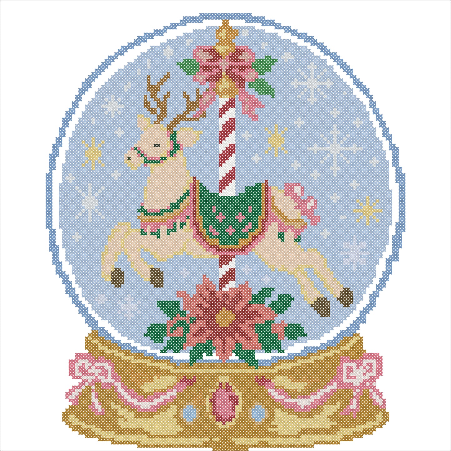 Christmas Carousel Snow Globe Cross Stitch Pattern PDF | Reindeer Snow Globe Embroidery Design | Instant Download