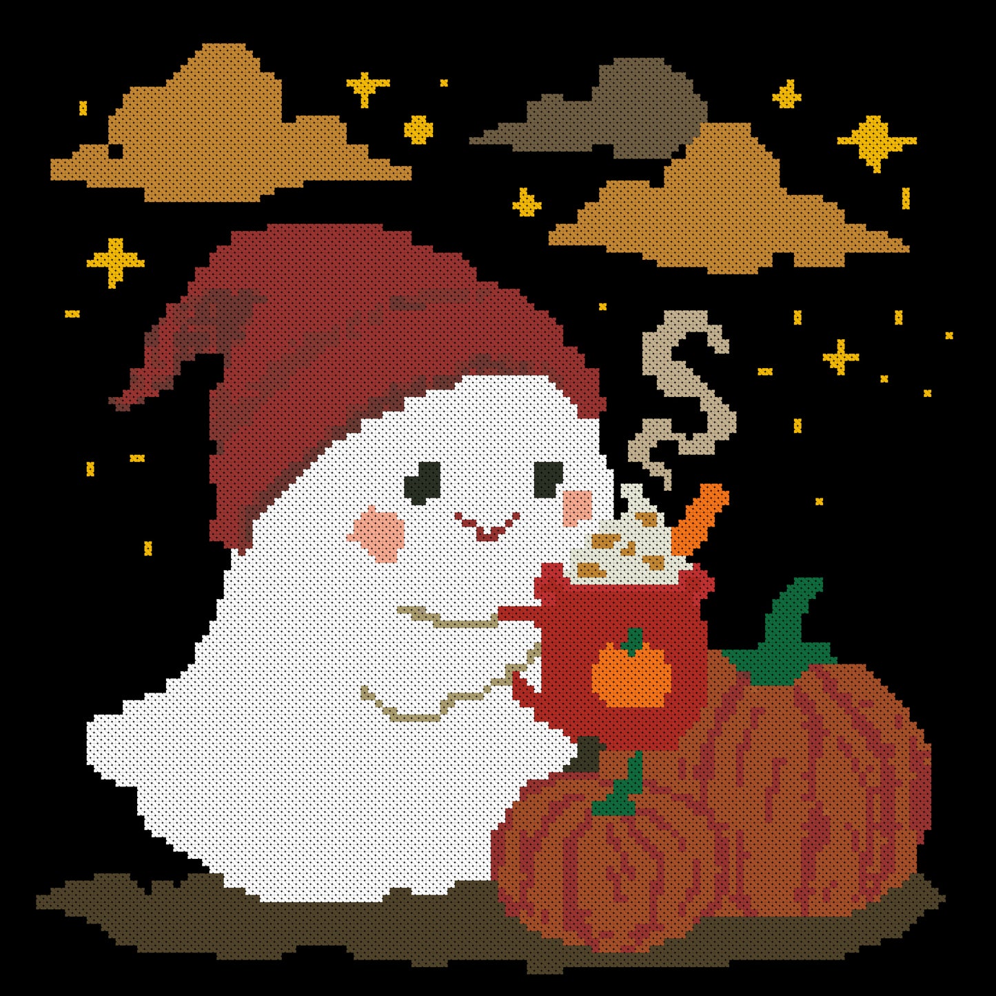 Cute Ghost on Pumpkin Cross Stitch Pattern – Halloween Cozy Latte Embroidery PDF