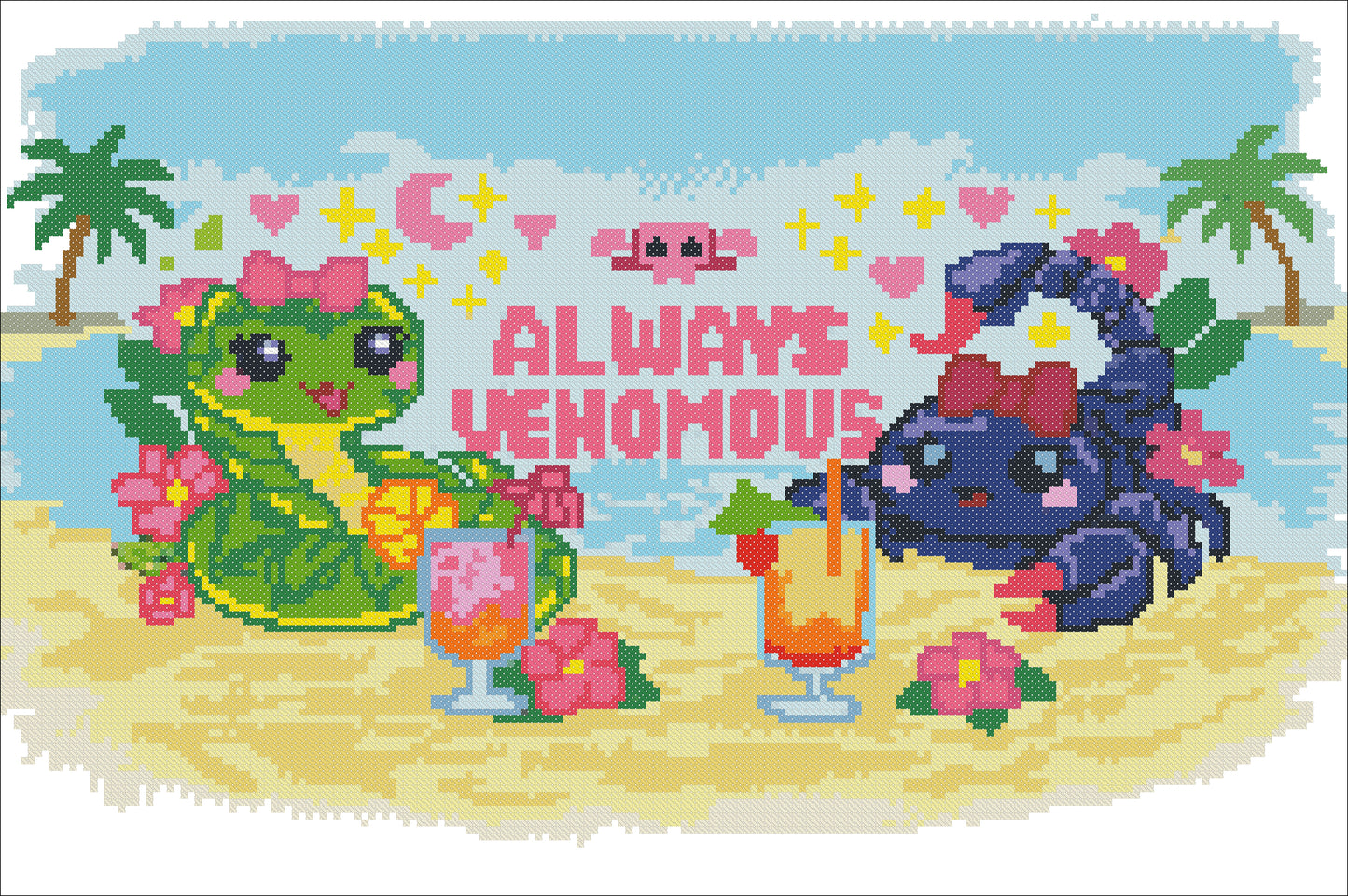 Always Venomous Cross Stitch Pattern – Cute Snake and Scorpion Beach Embroidery, Funny Summer Needlework PDF