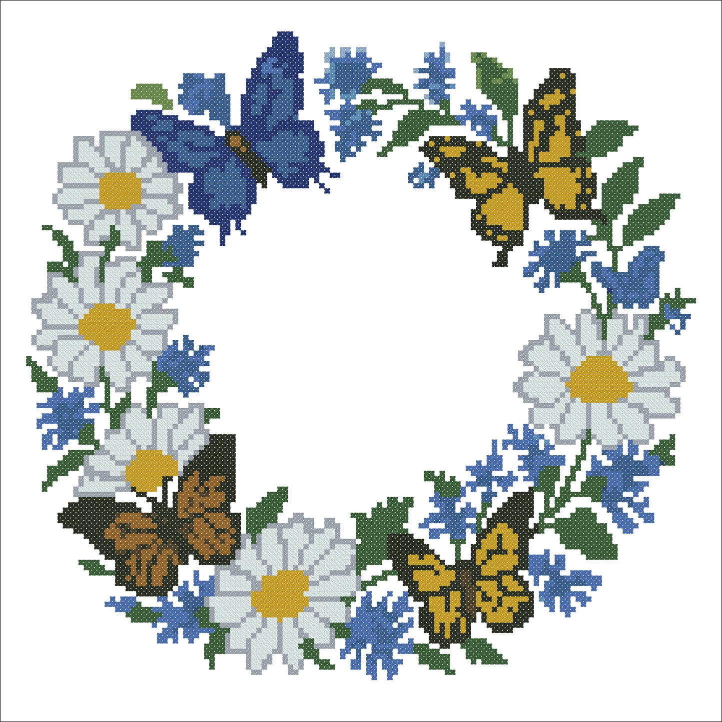 Daisy & Cornflower Butterfly Wreath Cross Stitch Pattern | 250x250 Floral Embroidery Design