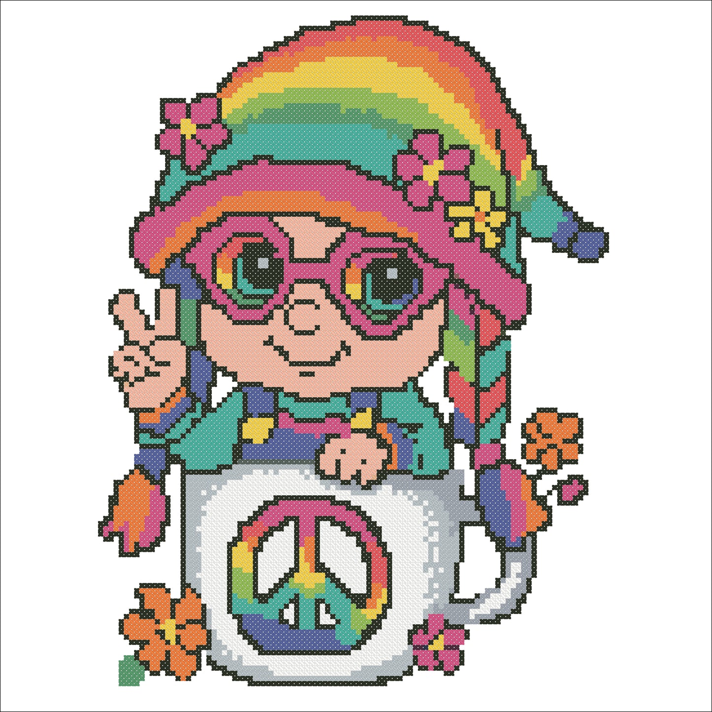 Rainbow Hippie Gnome Cross Stitch Pattern | Peace Sign Mug PDF