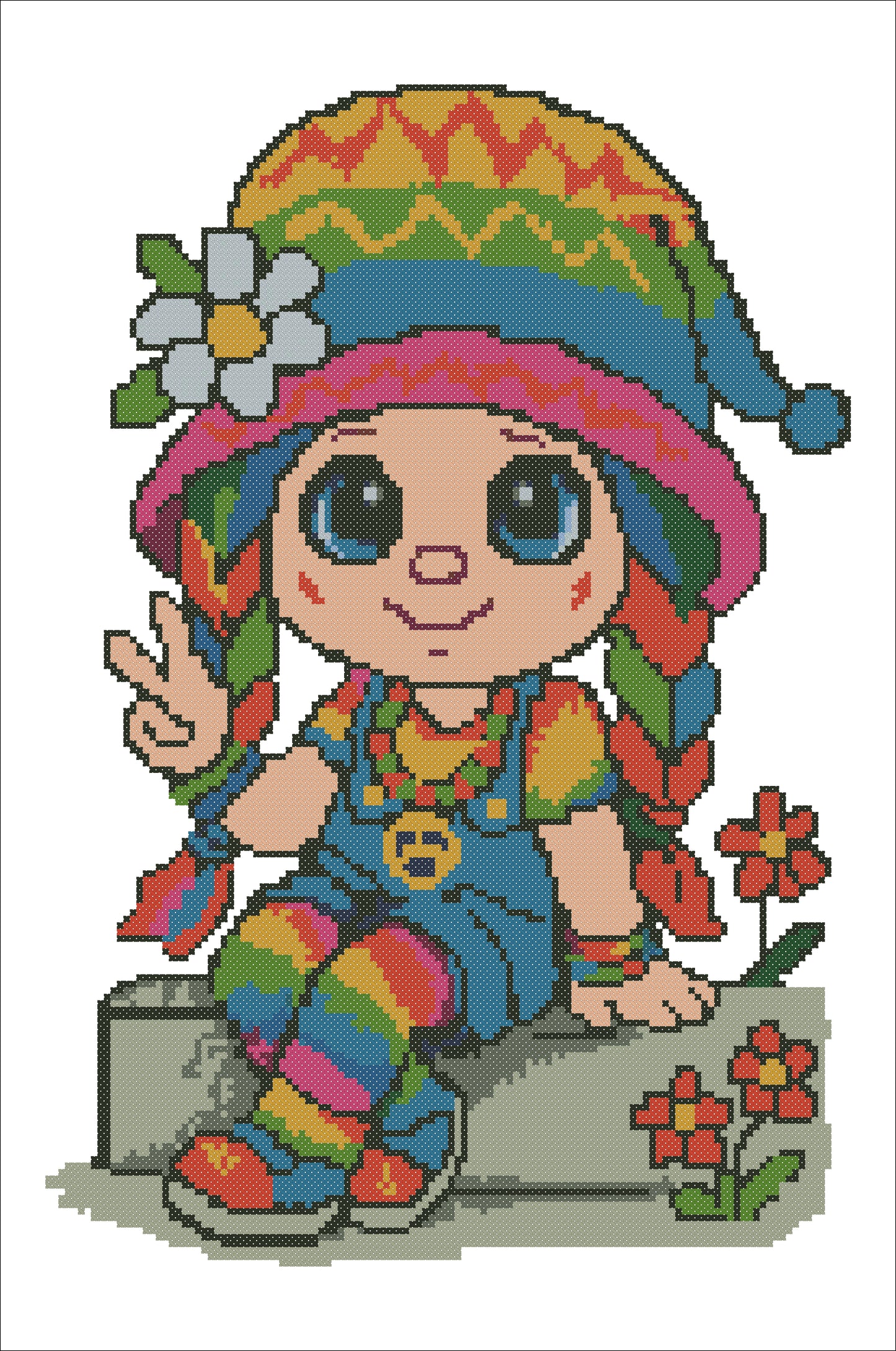 Rainbow Hippie Gnome Cross Stitch Pattern | Peace and Love Embroidery PDF | Cute DIY Needlework Chart
