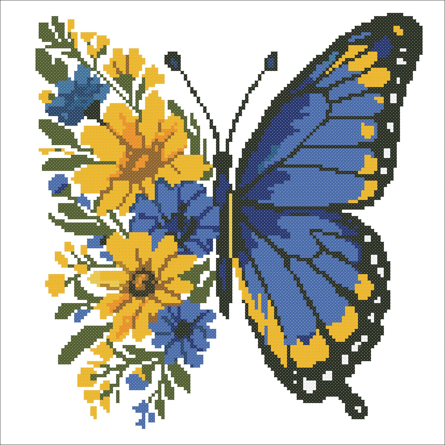 Blue Yellow Butterfly Cross Stitch Pattern, Floral Butterfly Embroidery Design, Ukrainian Inspired Modern Needlepoint, PDF Pattern, Scandinavian Style