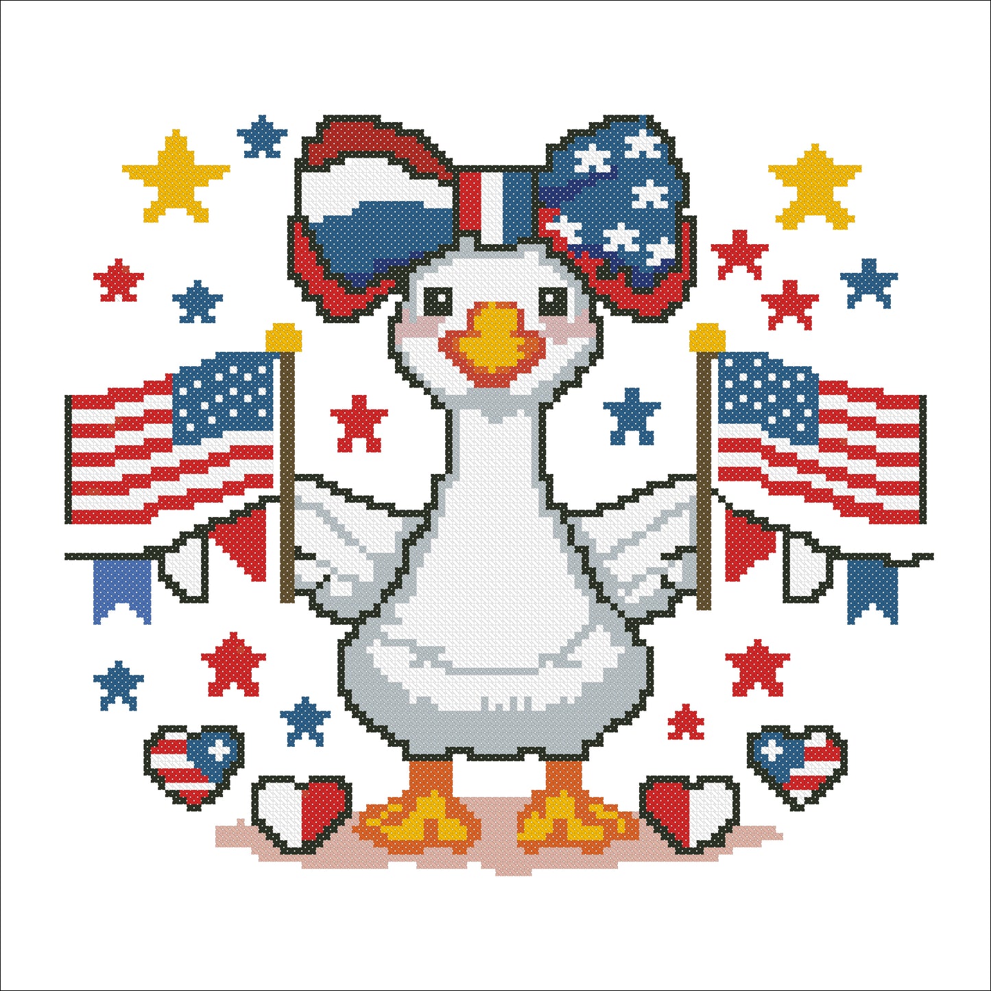 Patriotic Goose Cross Stitch Pattern – Cute 4th of July Goose with American Flags | Funny Summer Embroidery PDF