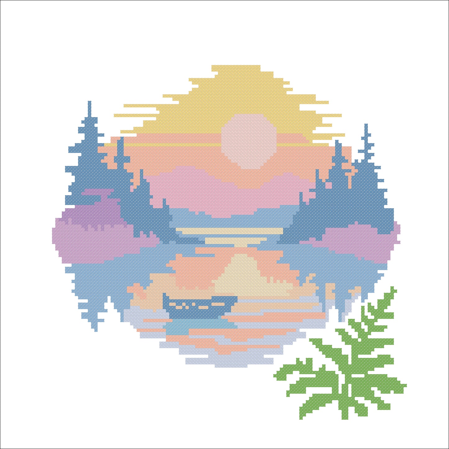 Pastel Sunset Lake Cross Stitch Pattern | Peaceful Landscape Embroidery PDF