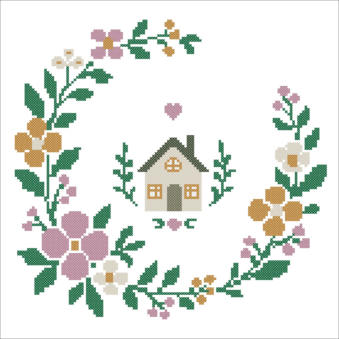 Scandinavian Floral House Wreath Cross Stitch Pattern PDF, Nordic Folk Home Sweet Home Embroidery, Minimalist Housewarming Counted Cross Stitch