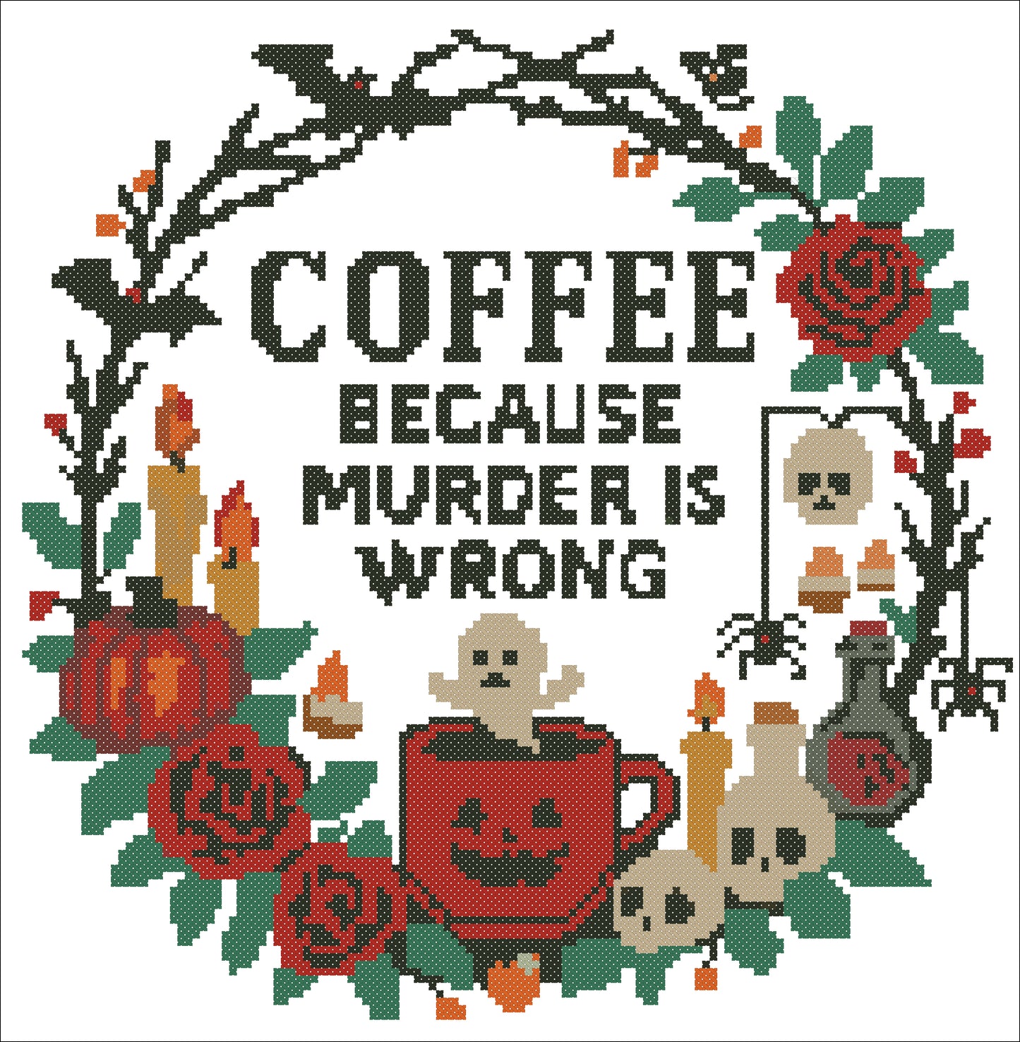 Coffee Because Murder Is Wrong – Halloween Cross Stitch Pattern | Cozy Fall Embroidery Decor