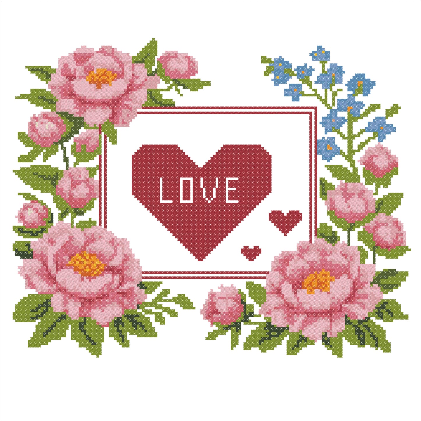 Romantic Love Cross Stitch Pattern – Peonies & Heart Floral Embroidery Design – PDF Chart