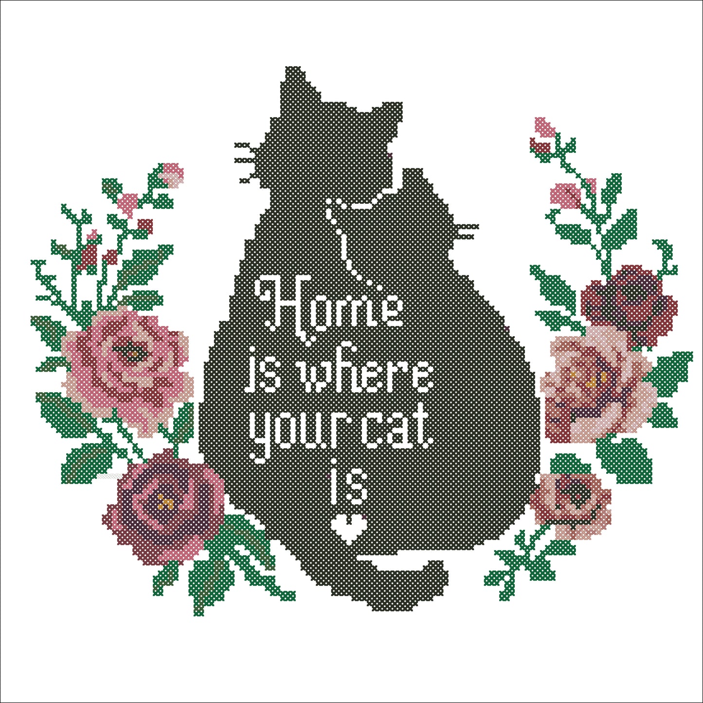 Home Is Where Your Cat Is Cross Stitch Pattern PDF | Black Cat Floral Embroidery | Modern Counted Cross Stitch | Cat Lover Gift | Instant Download