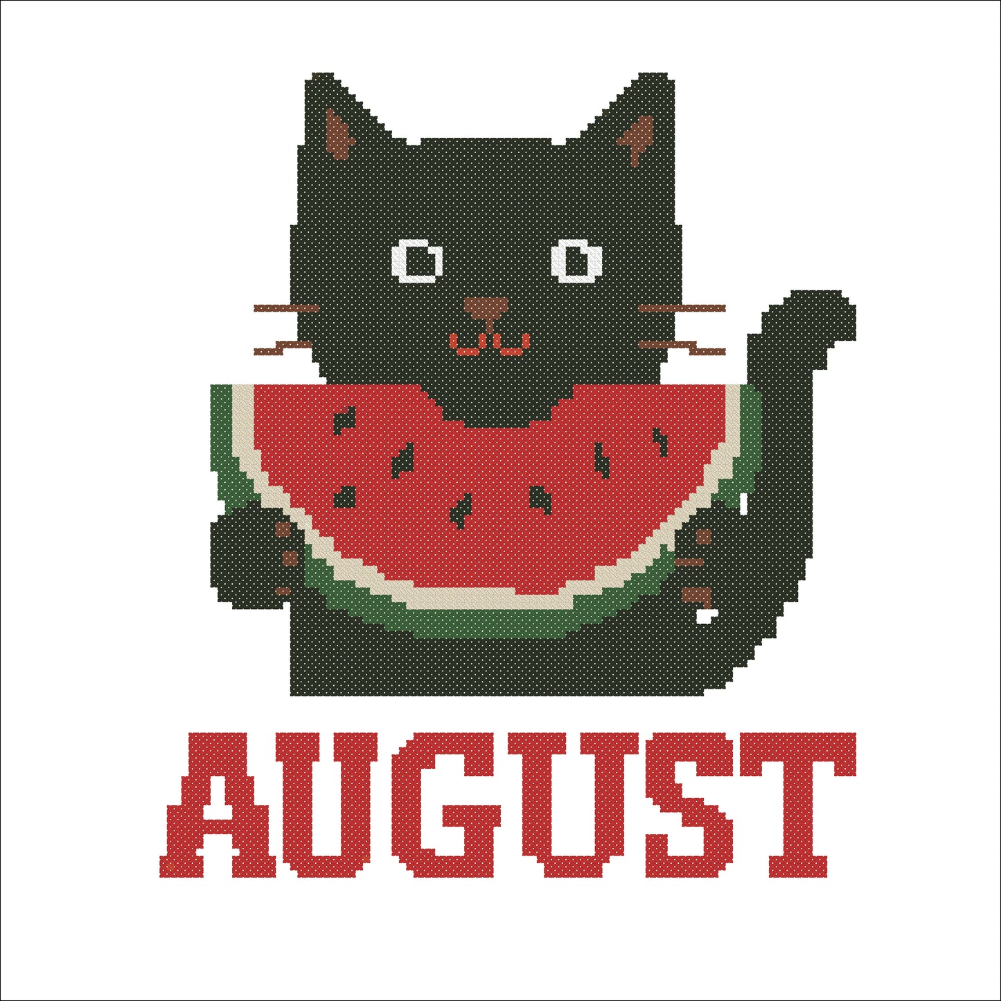 Black Cat with Watermelon Cross Stitch Pattern – August Summer Embroidery PDF