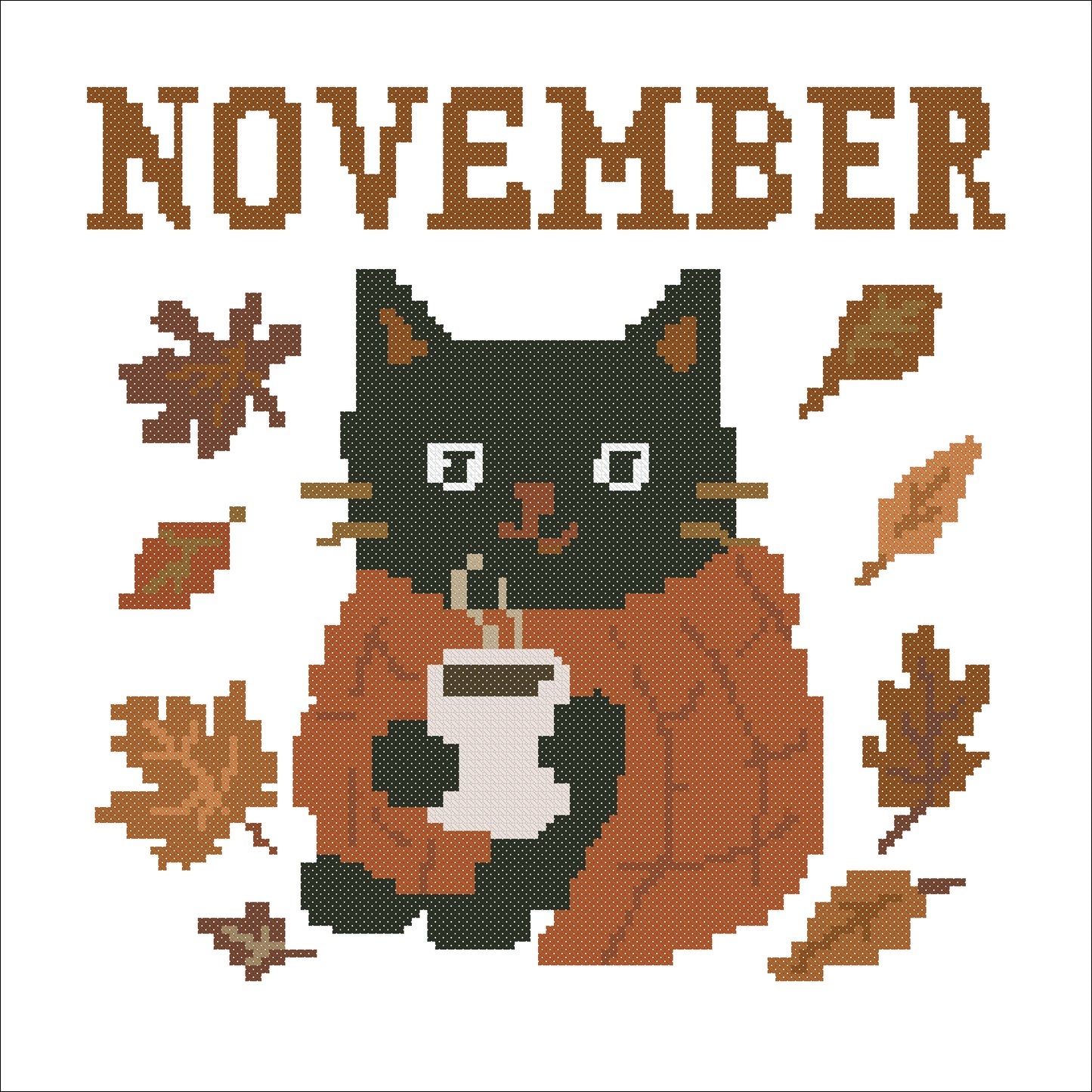 November Black Cat Cross-Stitch Pattern – Cozy Autumn Embroidery PDF