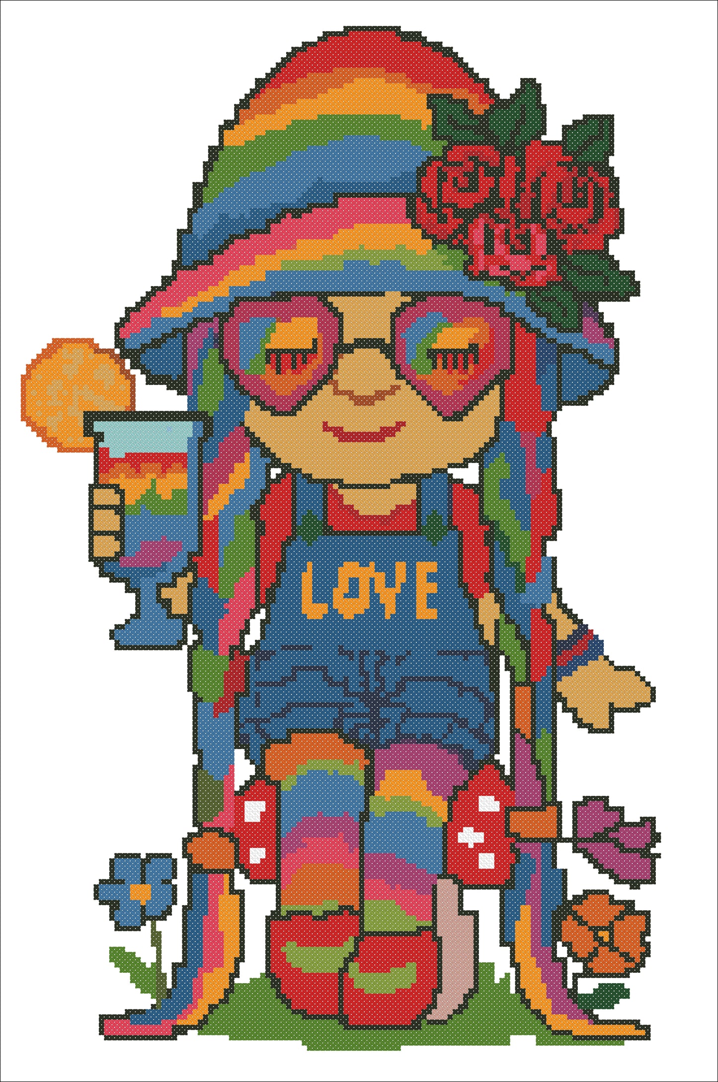 Rainbow Hippie Gnome Cross Stitch Pattern | PDF Embroidery Chart with Drink & LOVE Design