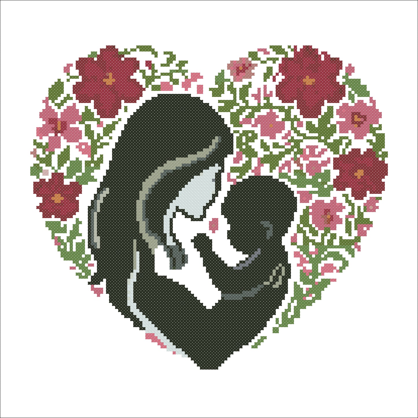 Mother & Baby Silhouette Cross Stitch Pattern | Floral Heart Embroidery PDF
