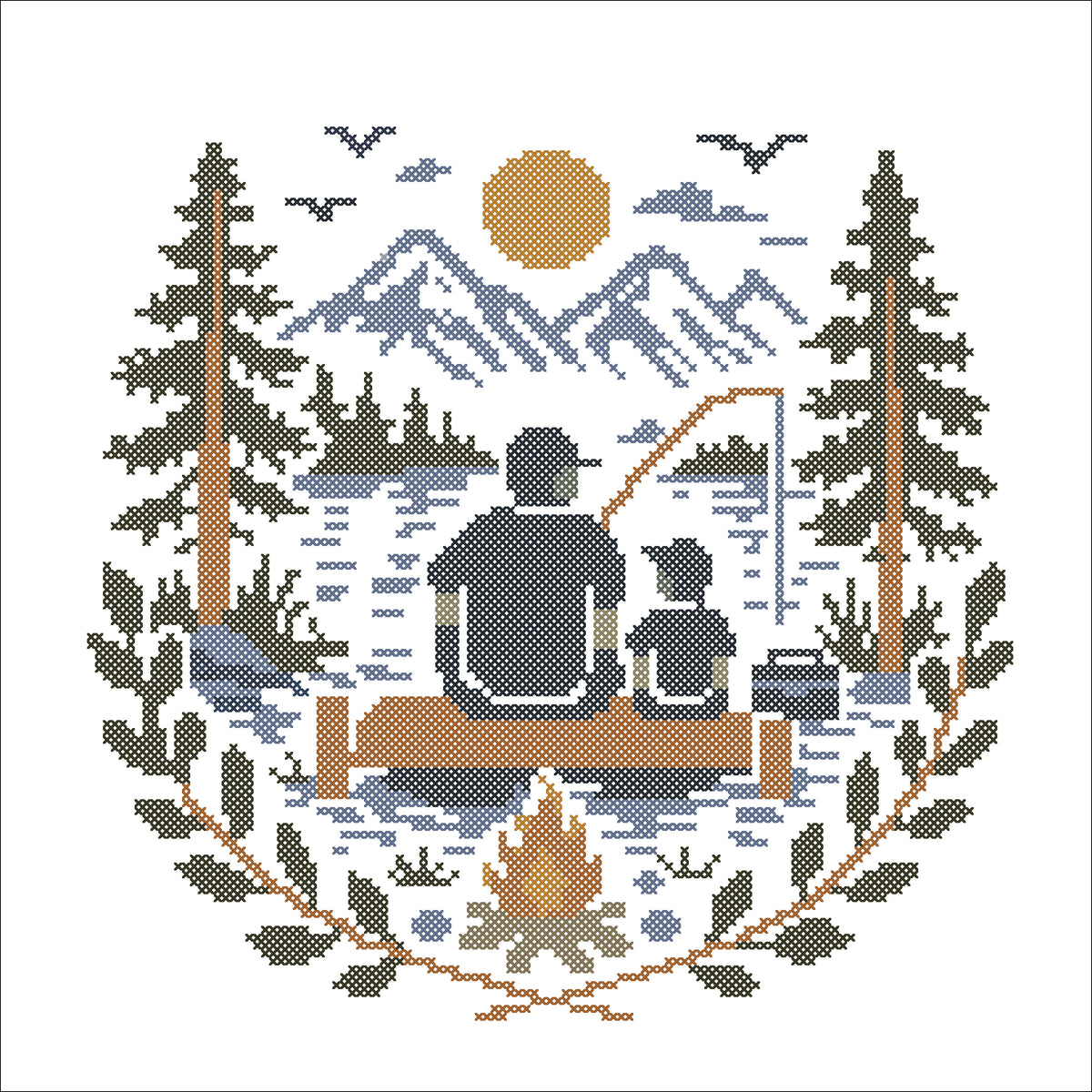 Father and Child Fishing Cross Stitch Pattern PDF – Mountain Lake Embroidery