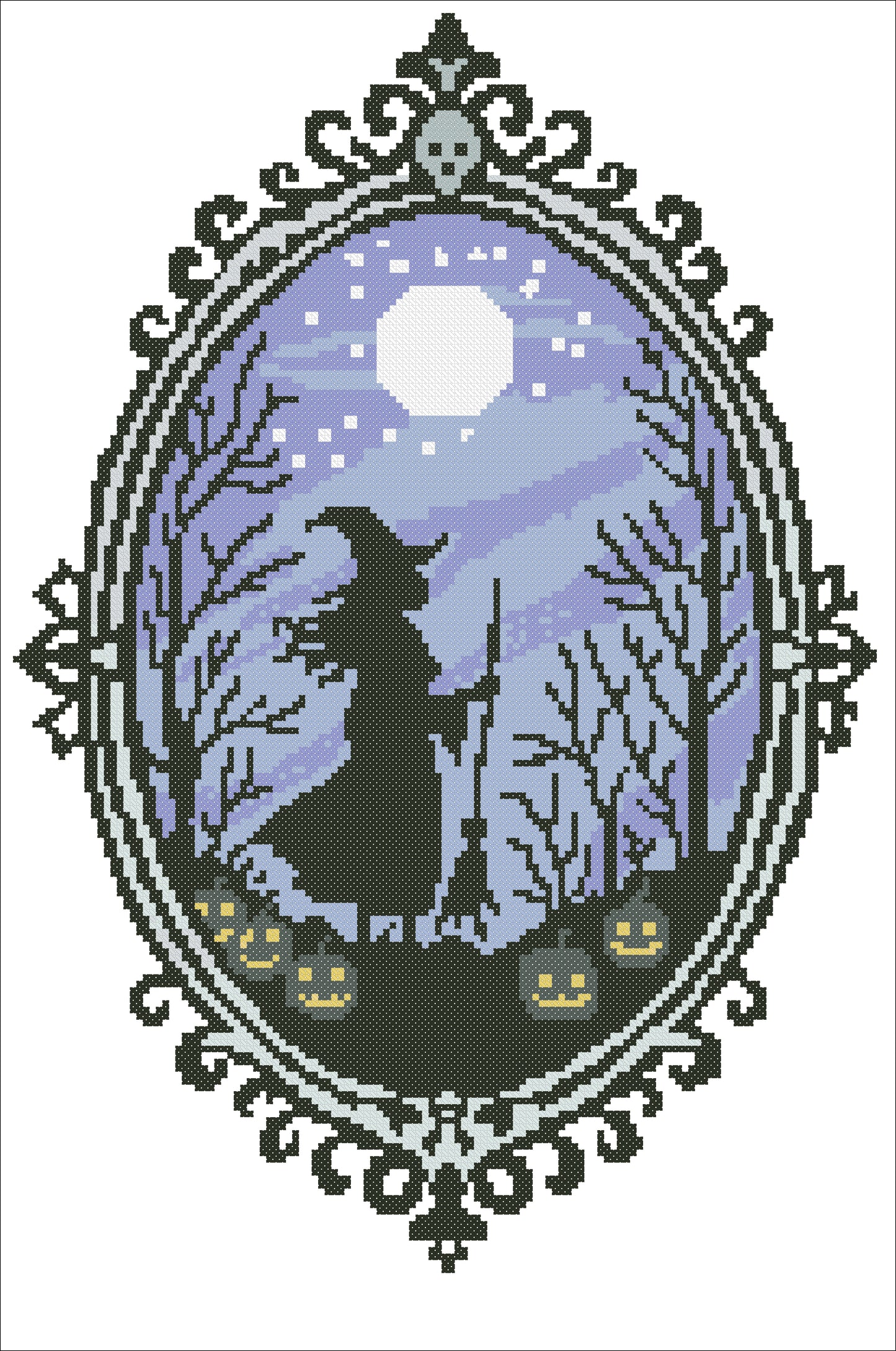 Halloween Witch Cross Stitch Pattern PDF – Gothic Moon Night Embroidery with Pumpkins & Forest Silhouette