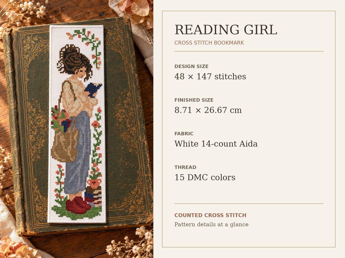 Reading Girl Bookmark Cross Stitch Pattern PDF – Floral Book Lover