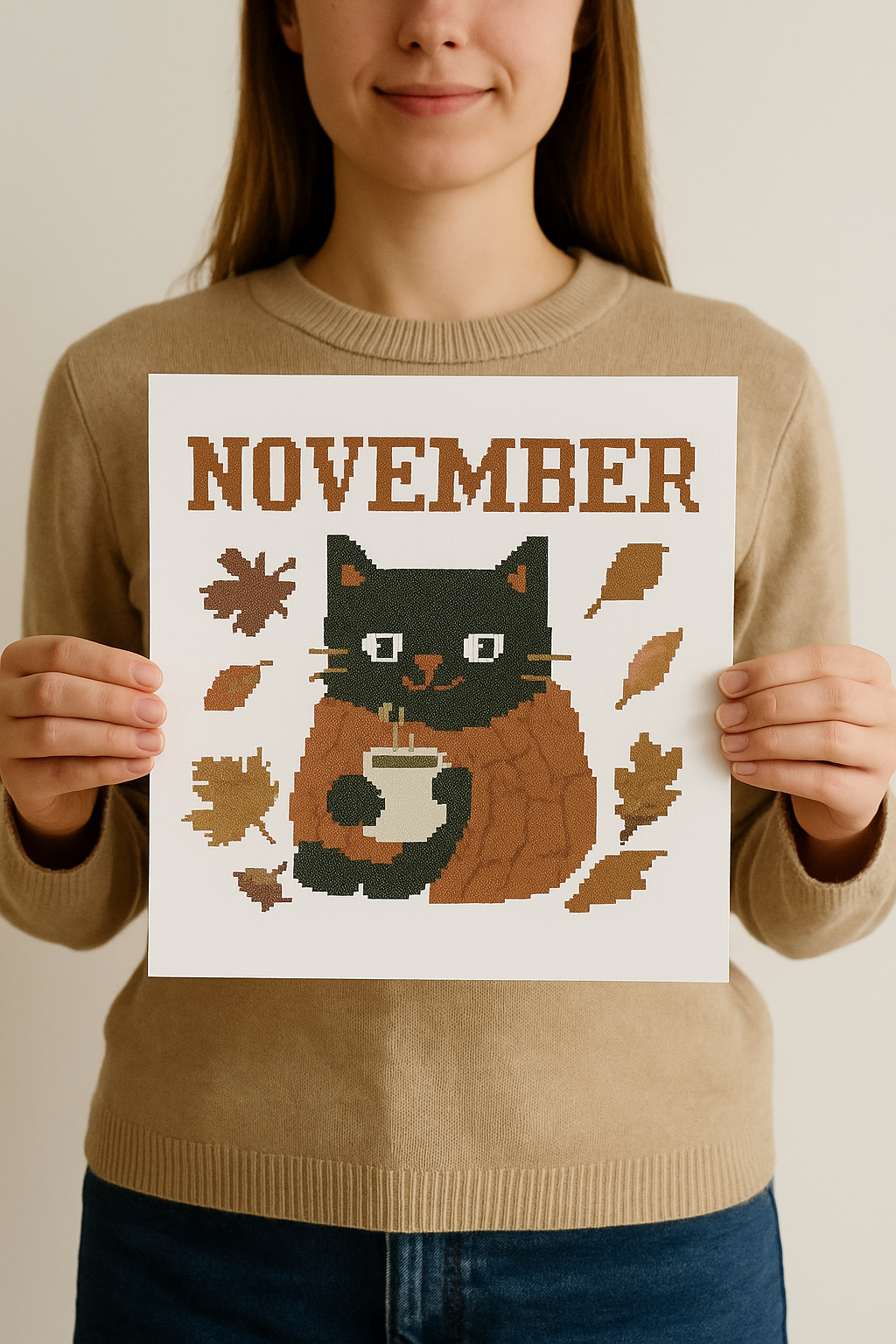 November Black Cat Cross-Stitch Pattern – Cozy Autumn Embroidery PDF