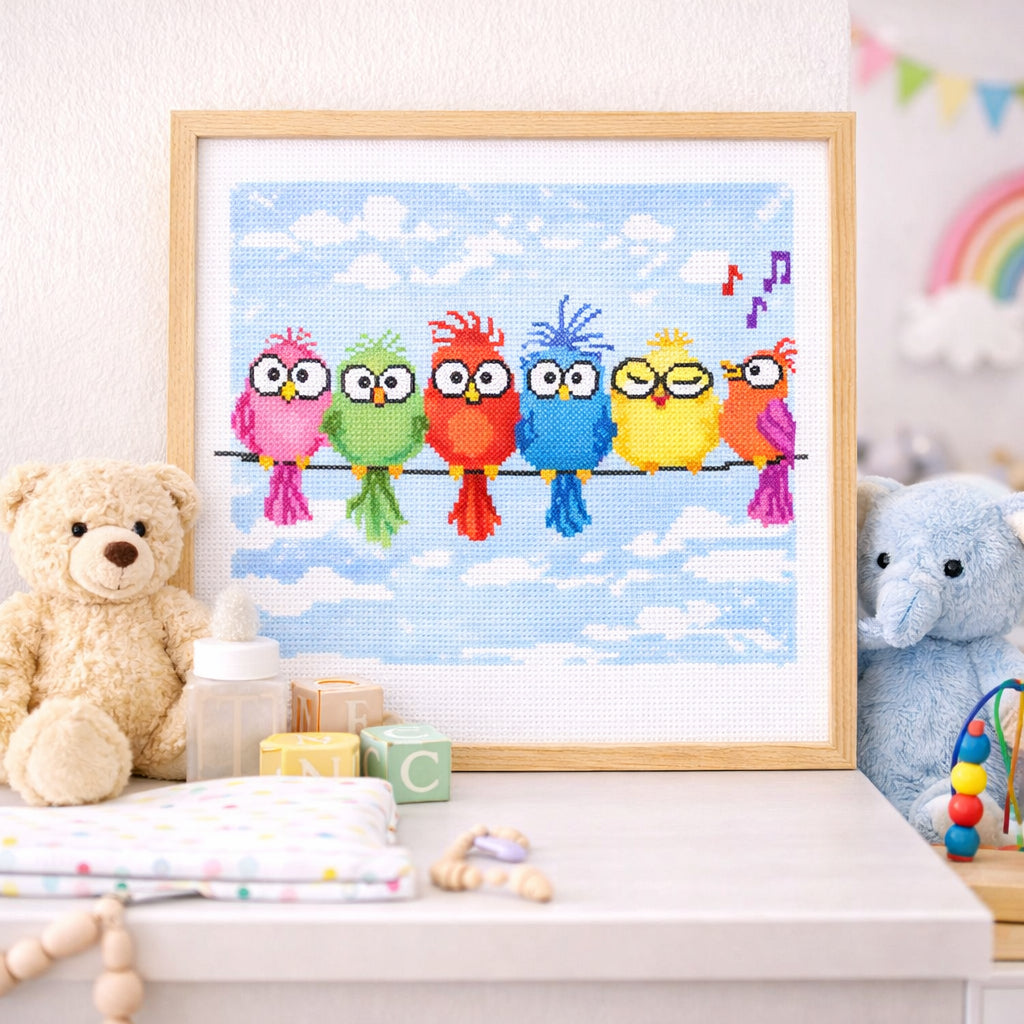 Quirky Birds on Wire Cross Stitch Pattern – Funny Colorful Birds Embroidery PDF