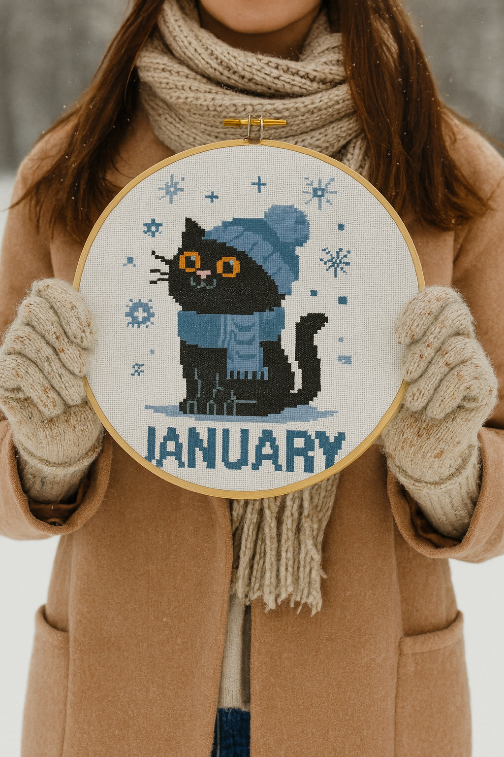 January Black Cat Cross Stitch Pattern – Winter PDF Embroidery Design