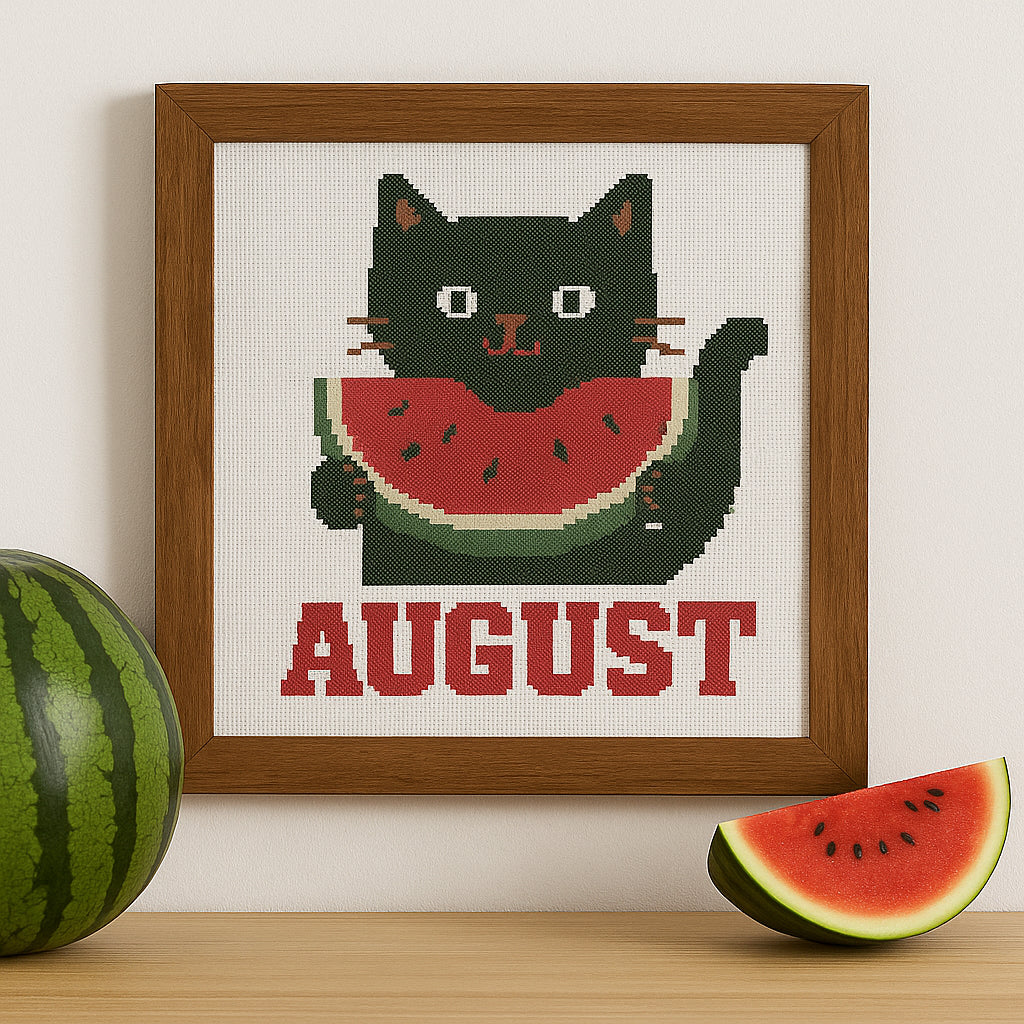 Black Cat with Watermelon Cross Stitch Pattern – August Summer Embroidery PDF