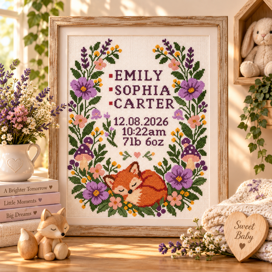 Personalized Baby Birth Announcement Cross Stitch Pattern PDF – Woodland Fox Sampler + Alphabet