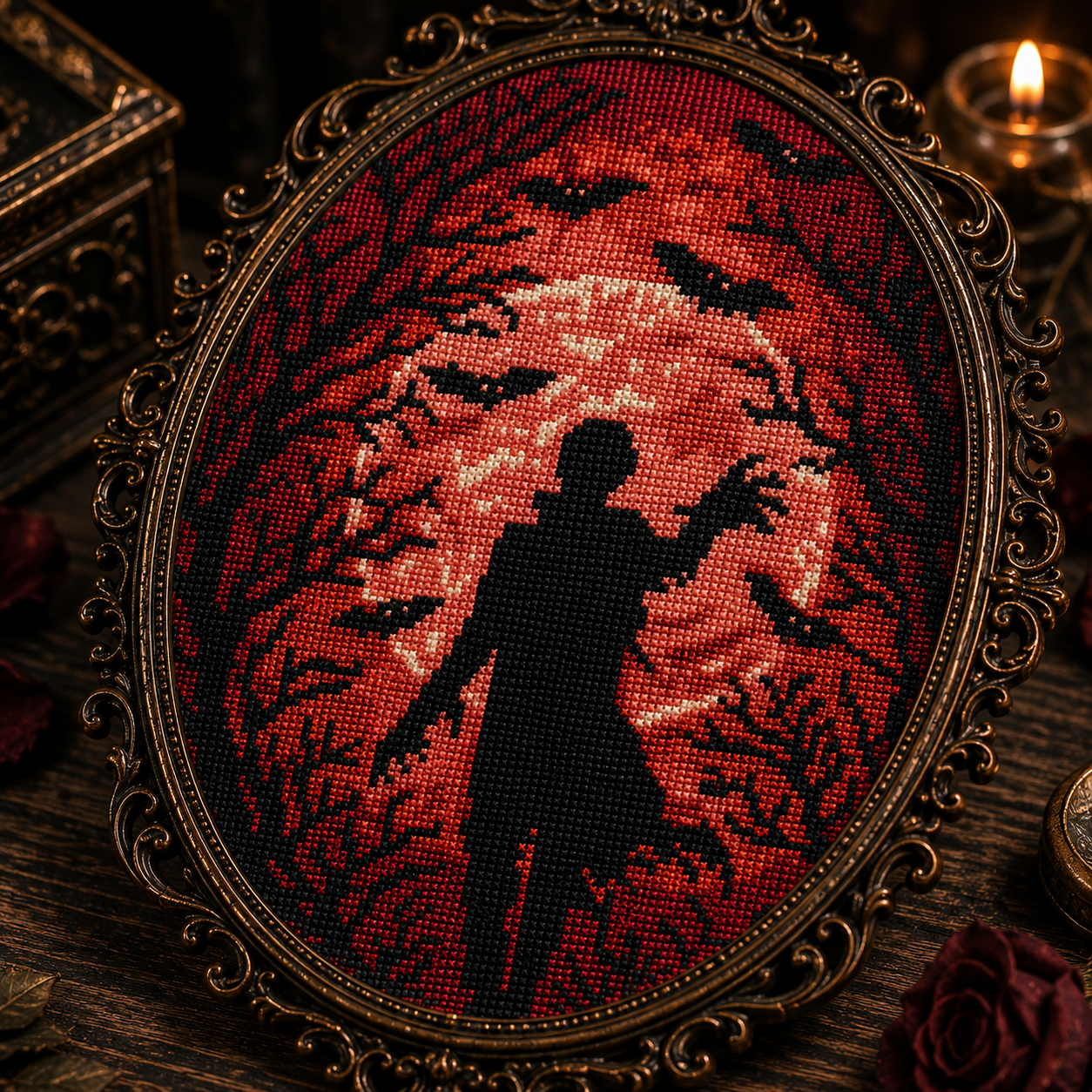 Blood Moon Silhouette Cross Stitch Pattern PDF | Gothic Vampire Moon Embroidery Design | Halloween Counted Cross Stitch Chart | Instant Download