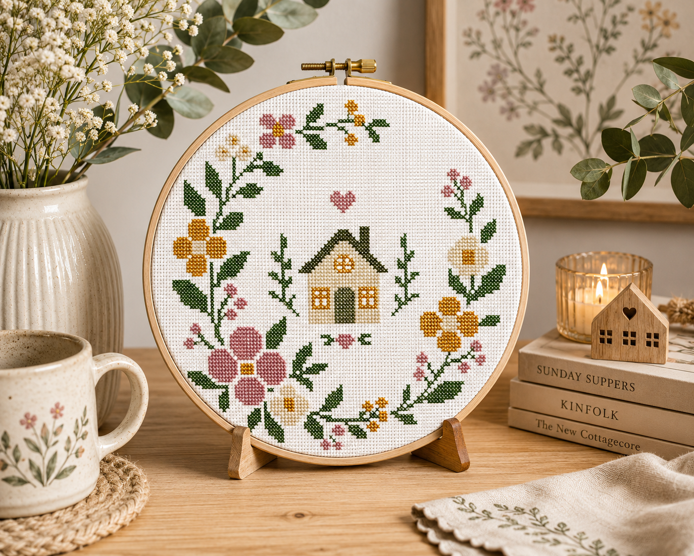 Scandinavian Floral House Wreath Cross Stitch Pattern PDF, Nordic Folk Home Sweet Home Embroidery, Minimalist Housewarming Counted Cross Stitch