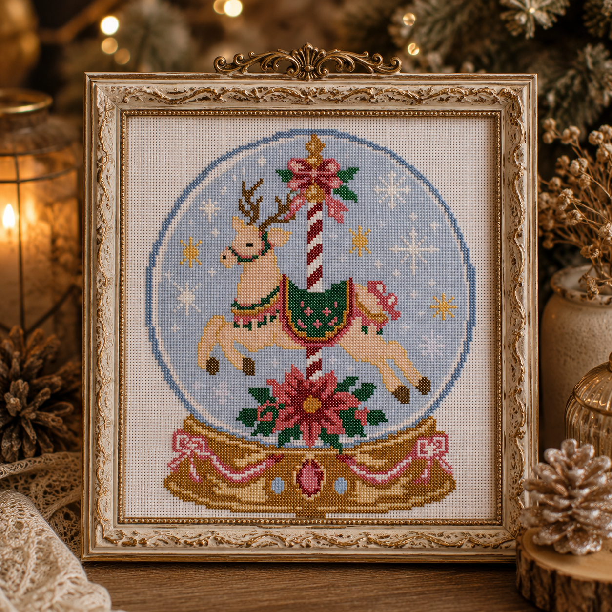 Christmas Carousel Snow Globe Cross Stitch Pattern PDF | Reindeer Snow Globe Embroidery Design | Instant Download