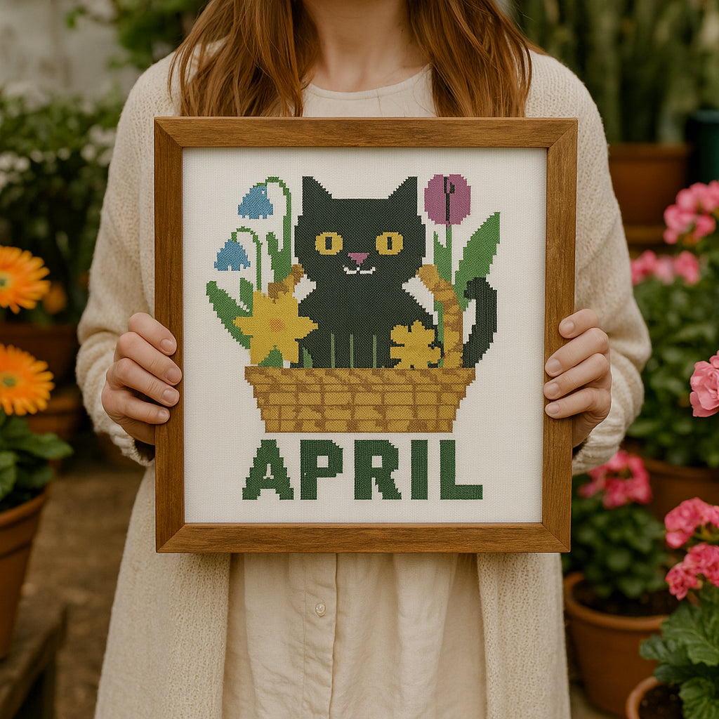 April Black Cat Cross Stitch Pattern – Spring Floral Basket Design (PDF)
