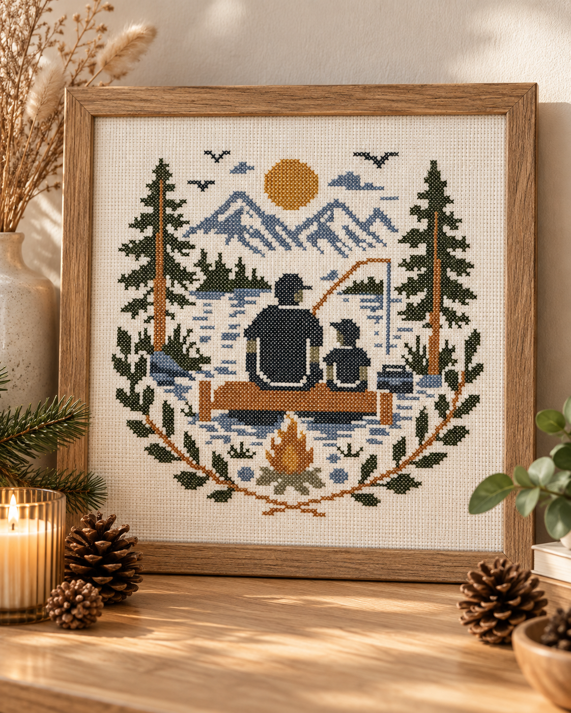 Father and Child Fishing Cross Stitch Pattern PDF – Mountain Lake Embroidery
