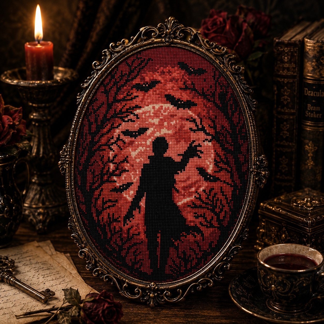 Blood Moon Silhouette Cross Stitch Pattern PDF | Gothic Vampire Moon Embroidery Design | Halloween Counted Cross Stitch Chart | Instant Download