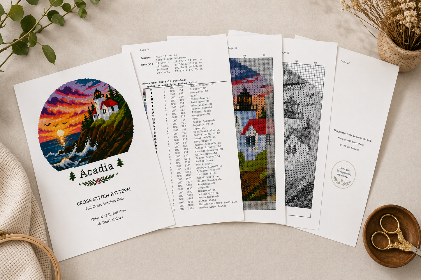 Acadia National Park Lighthouse Cross Stitch Pattern PDF | Maine Coastal Sunset Embroidery Chart | Counted Cross Stitch Instant Download