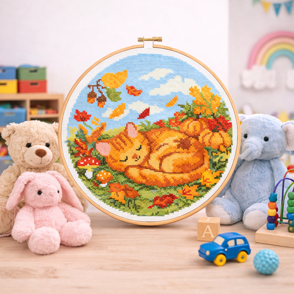 Autumn Sleeping Cat Cross Stitch Pattern | Cozy Fall Embroidery PDF