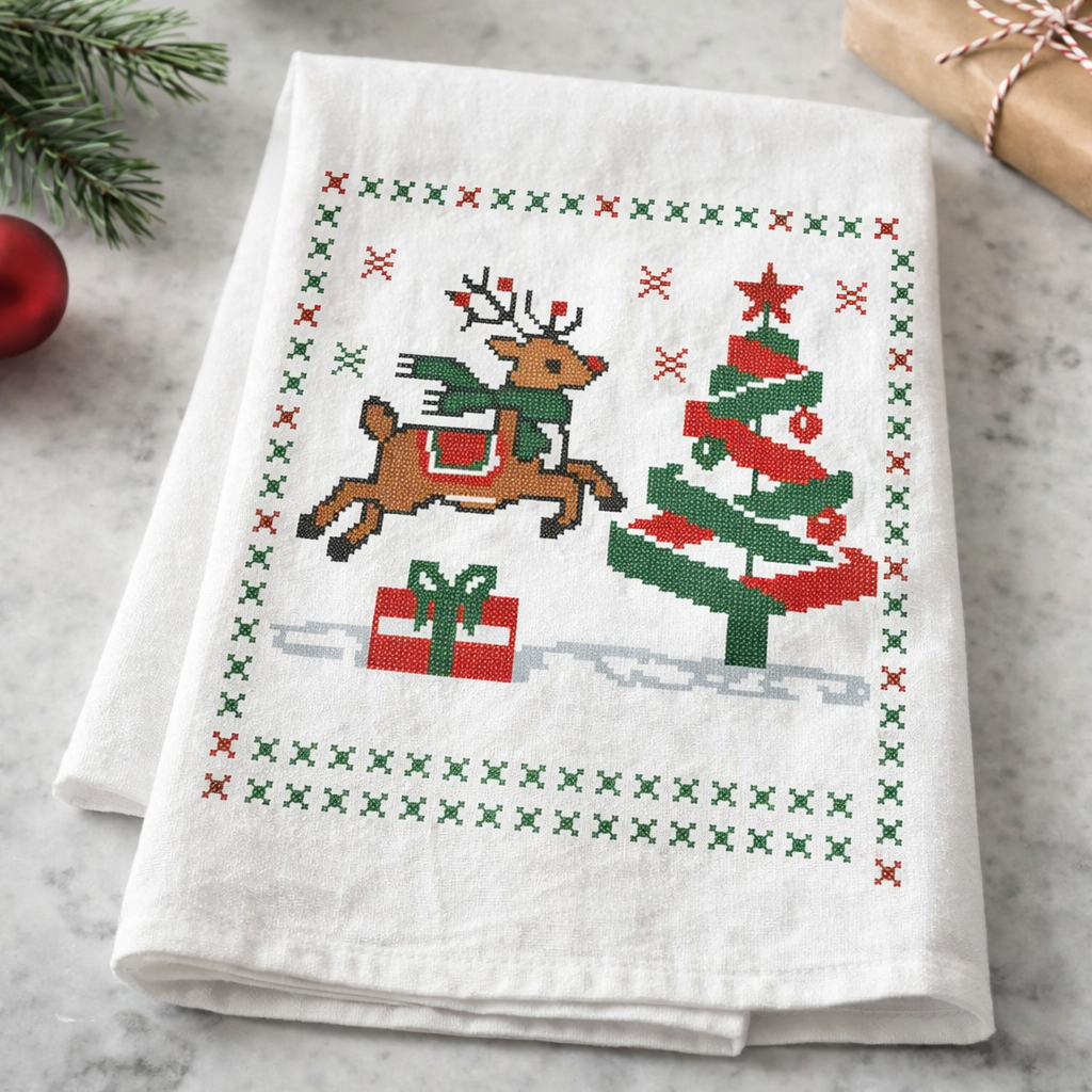 Christmas Reindeer Cross Stitch Pattern – Festive Holiday Tree & Gift Design