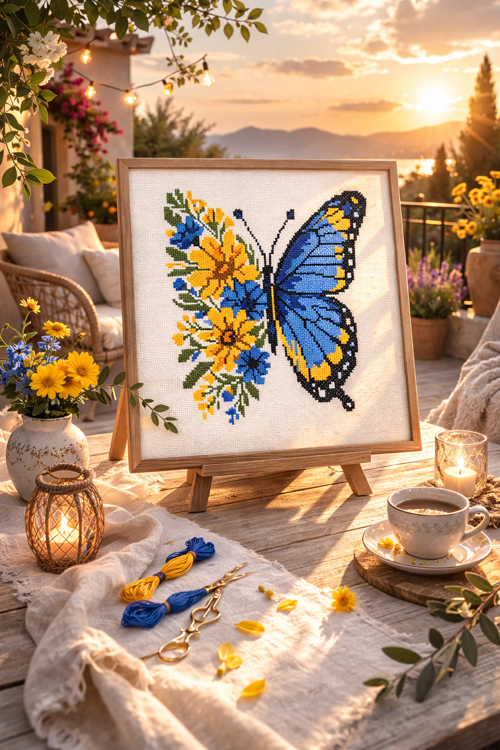 Blue Yellow Butterfly Cross Stitch Pattern, Floral Butterfly Embroidery Design, Ukrainian Inspired Modern Needlepoint, PDF Pattern, Scandinavian Style