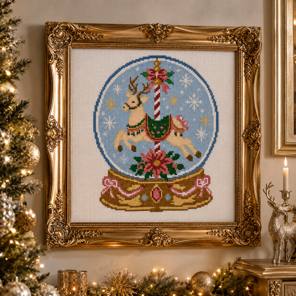 Christmas Carousel Snow Globe Cross Stitch Pattern PDF | Reindeer Snow Globe Embroidery Design | Instant Download