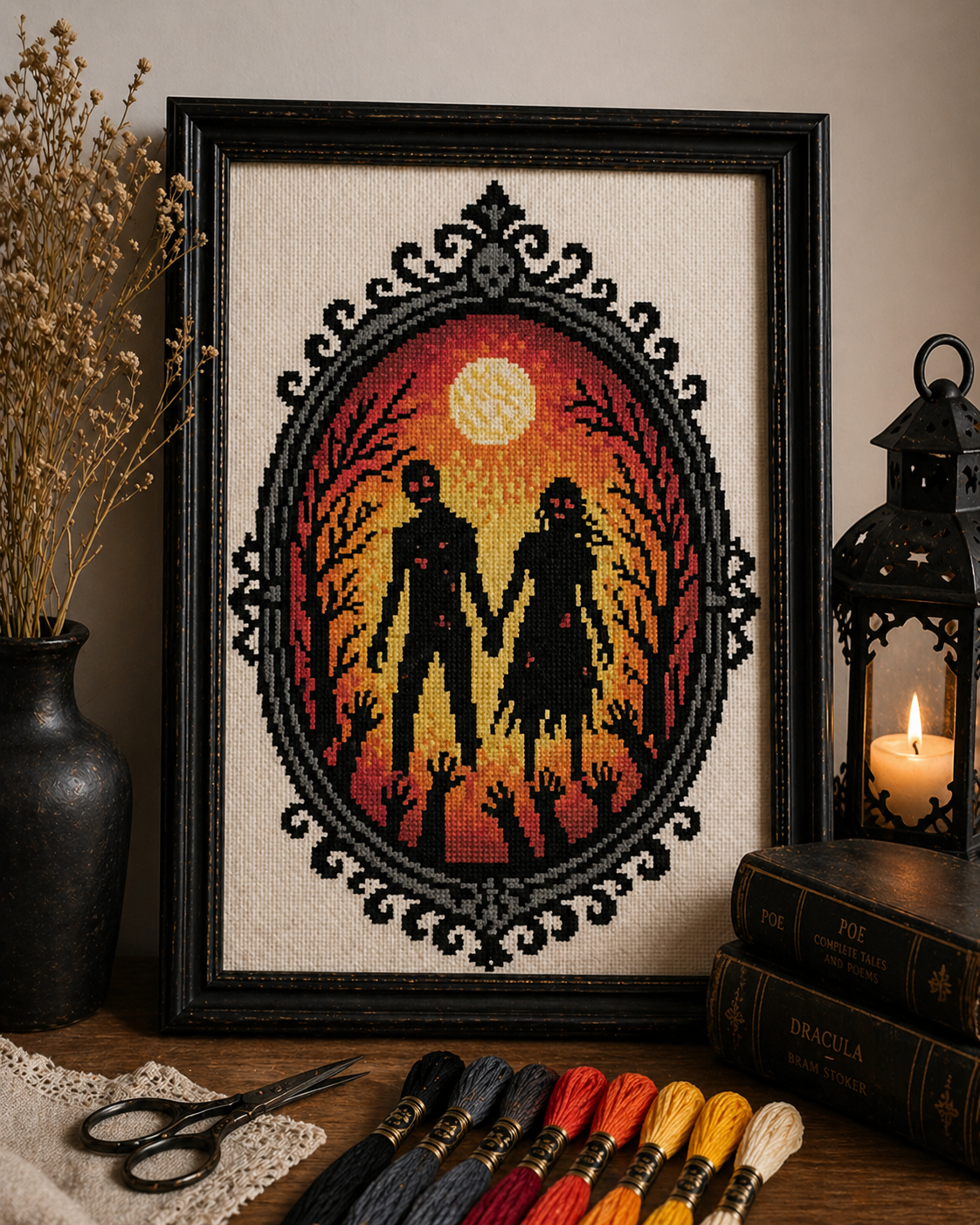 Zombie Couple Cross Stitch Pattern PDF – Gothic Halloween Embroidery Design – Spooky Love Silhouette
