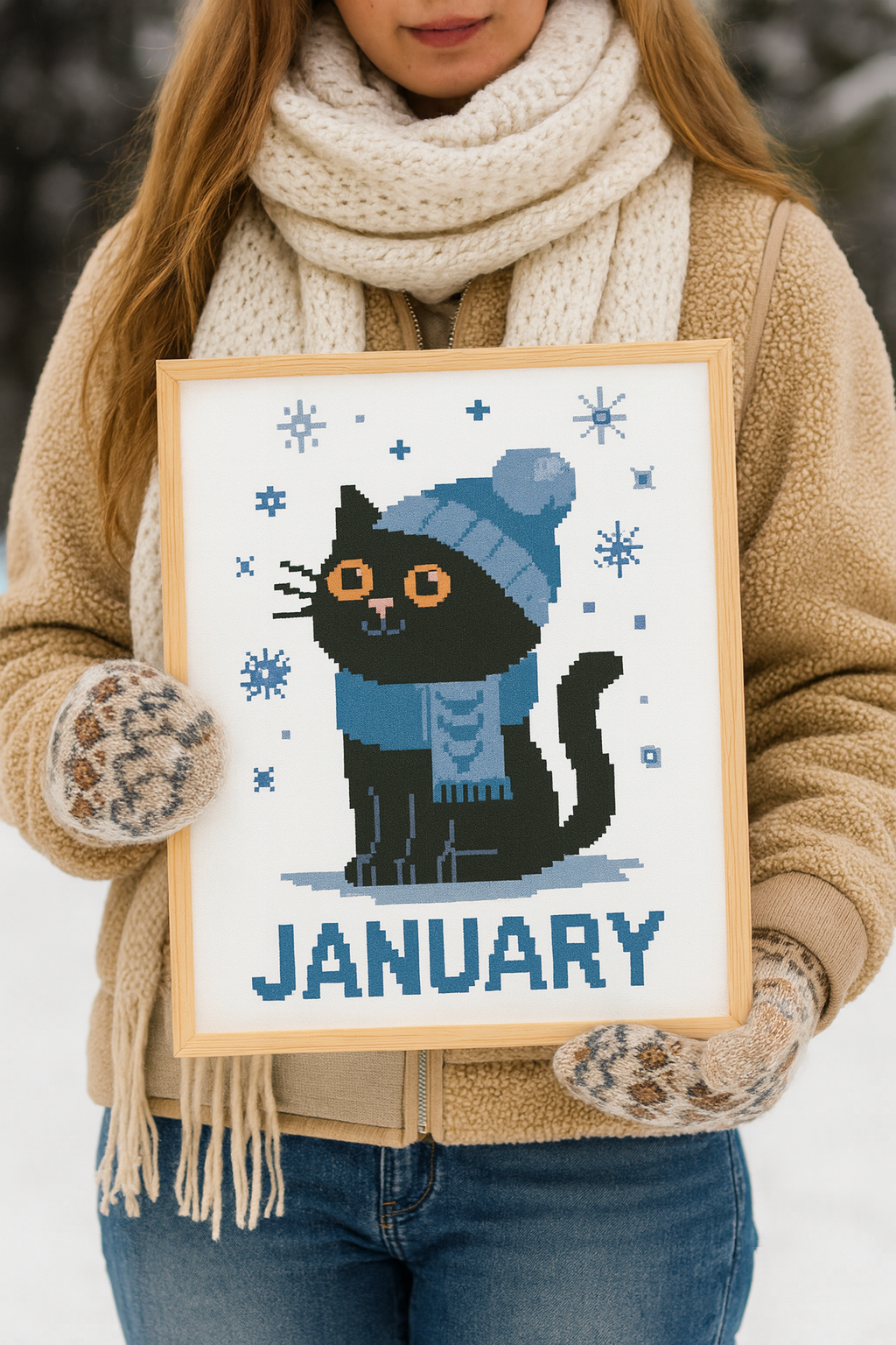 January Black Cat Cross Stitch Pattern – Winter PDF Embroidery Design