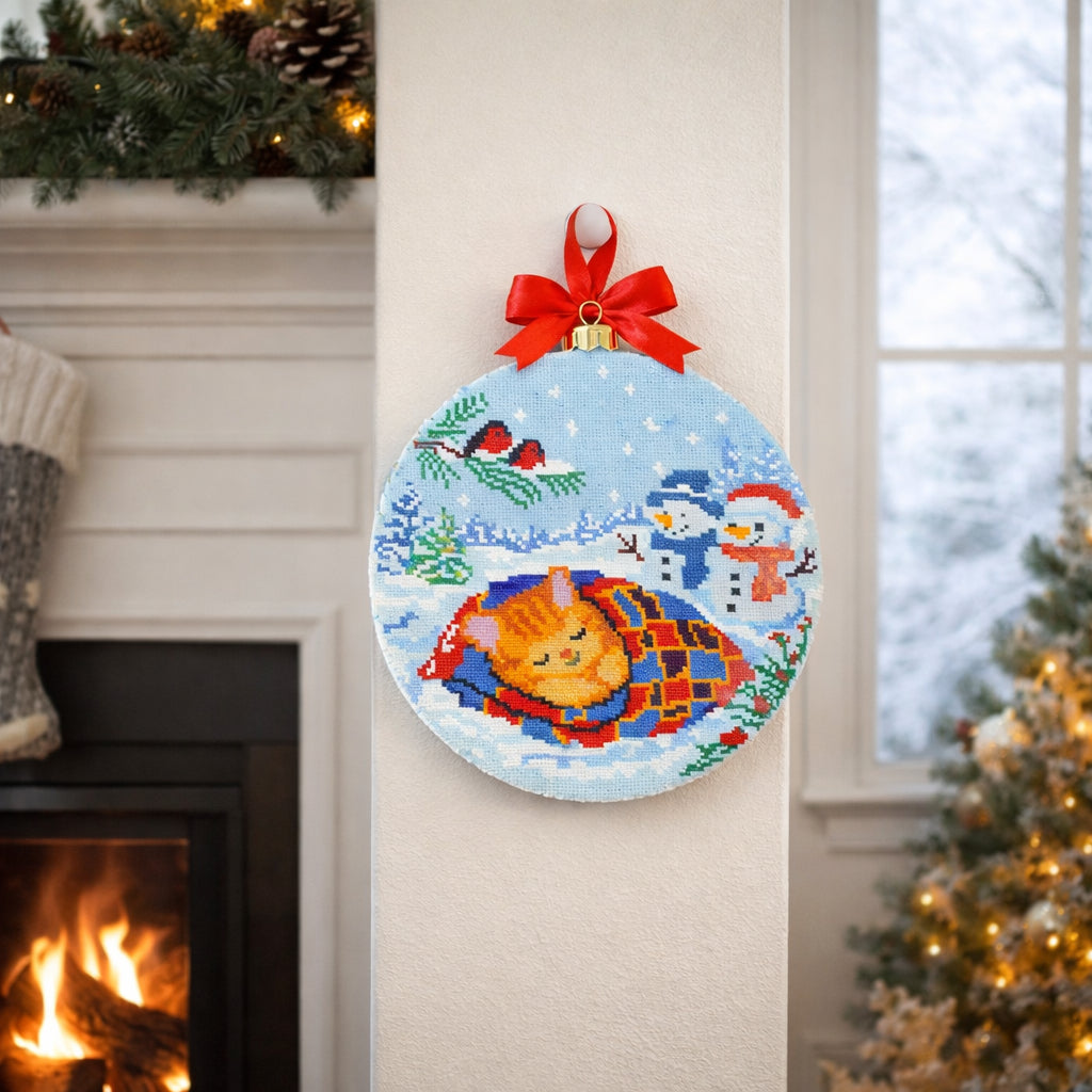 Sleeping Kitten Winter Cross Stitch Pattern – Cute Cat Christmas Ornament, Nursery Decor, PDF Pattern