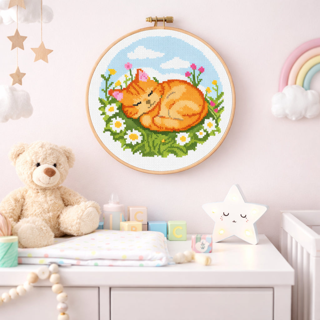 Sleeping Ginger Cat Cross Stitch Pattern | Cute Nursery & Daycare Embroidery PDF