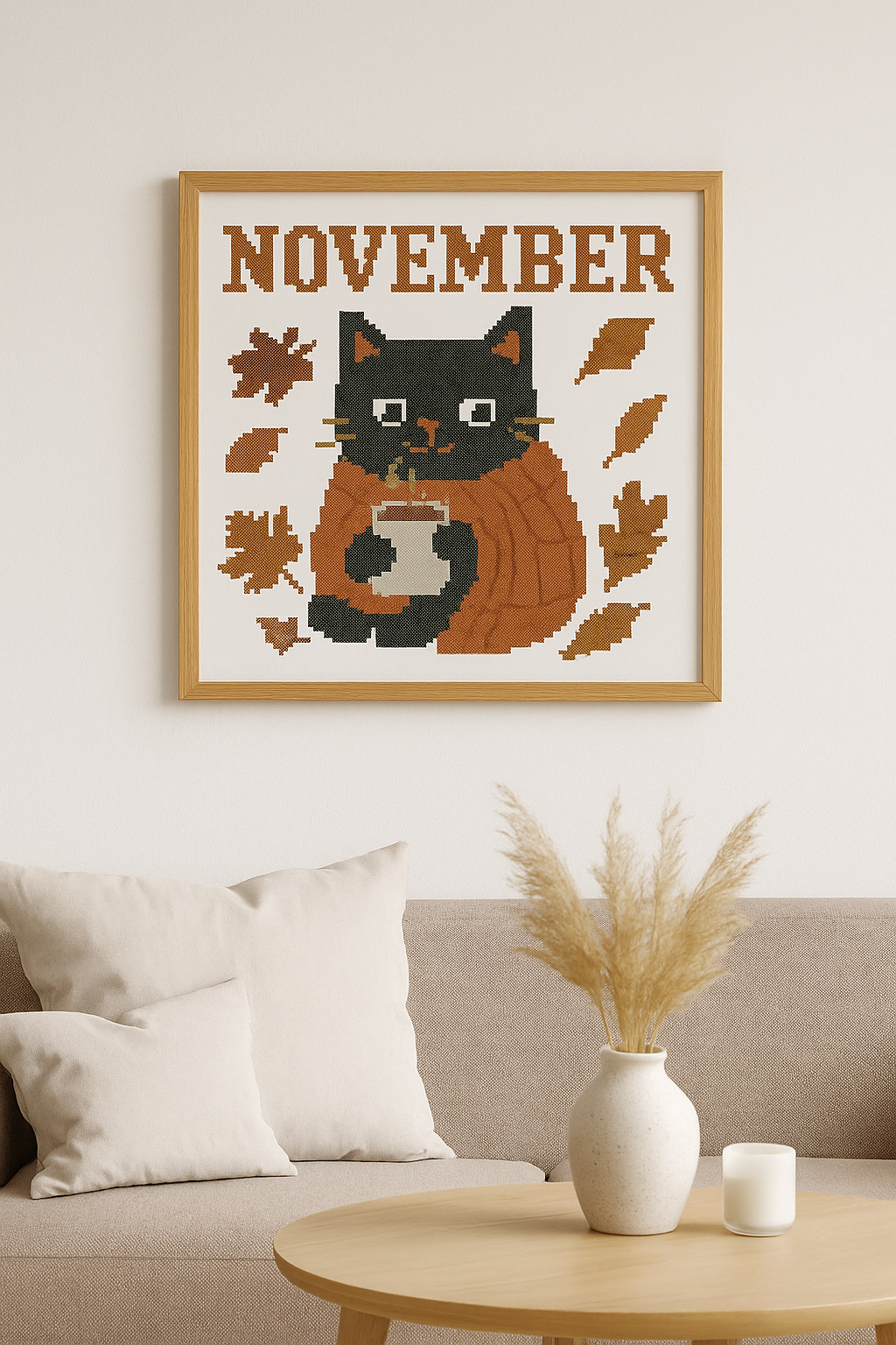 November Black Cat Cross-Stitch Pattern – Cozy Autumn Embroidery PDF