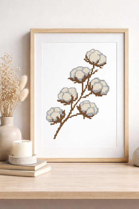 Cotton Branch Cross Stitch Pattern | Minimalist Botanical Embroidery Design | Scandinavian Neutral Farmhouse Decor