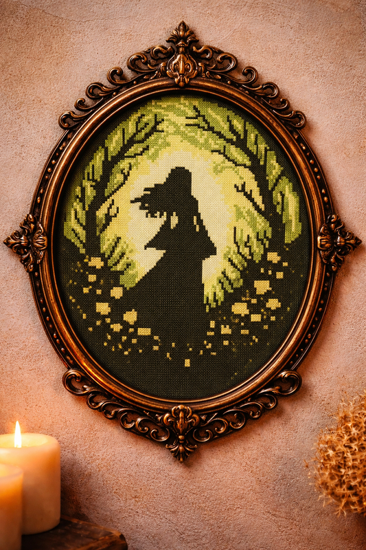 Gothic Forest Lady Cross Stitch Pattern – Dark Fantasy Embroidery Design PDF