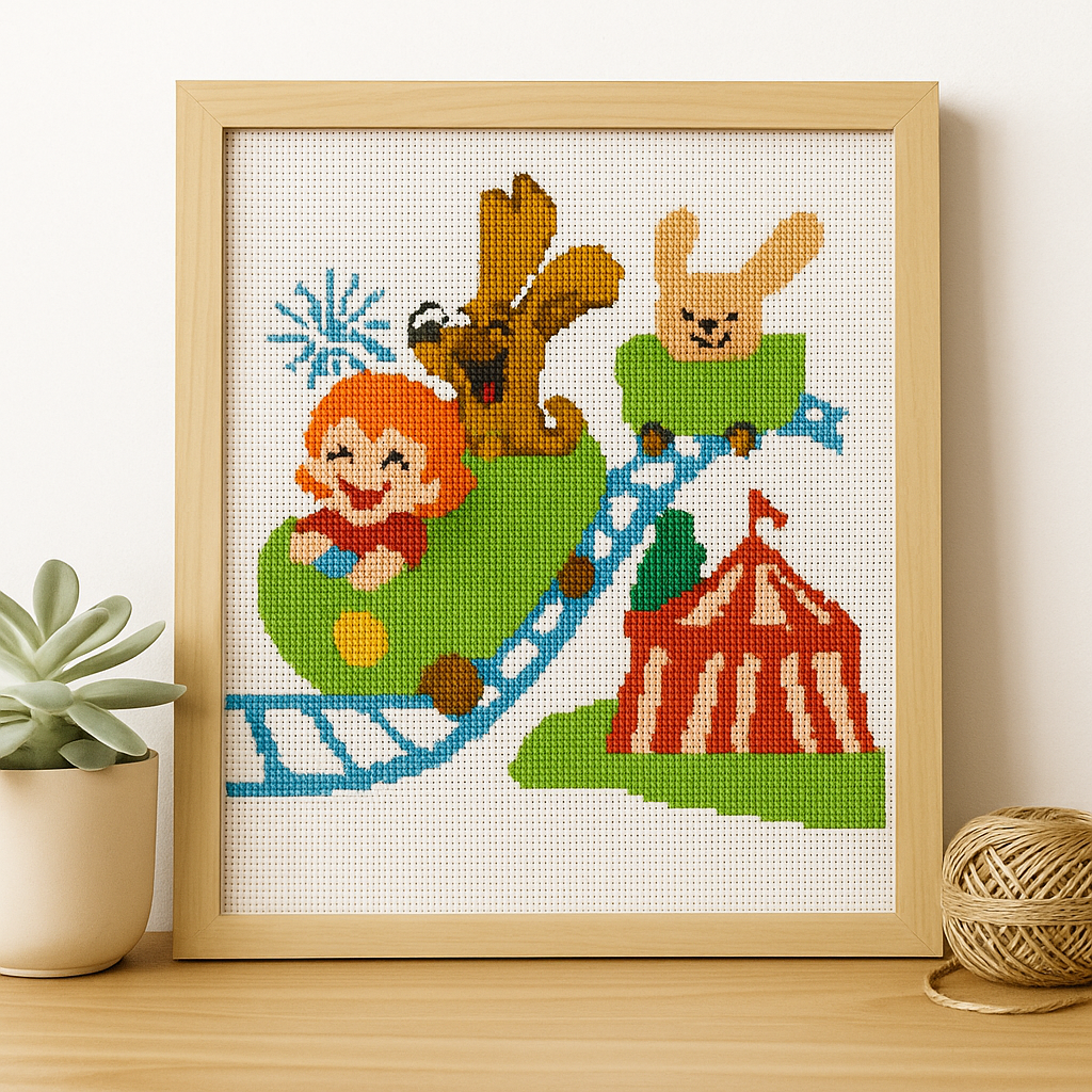 Whimsical Roller Coaster Cross-Stitch Hoop – Circus Theme | Handmade Wall Art